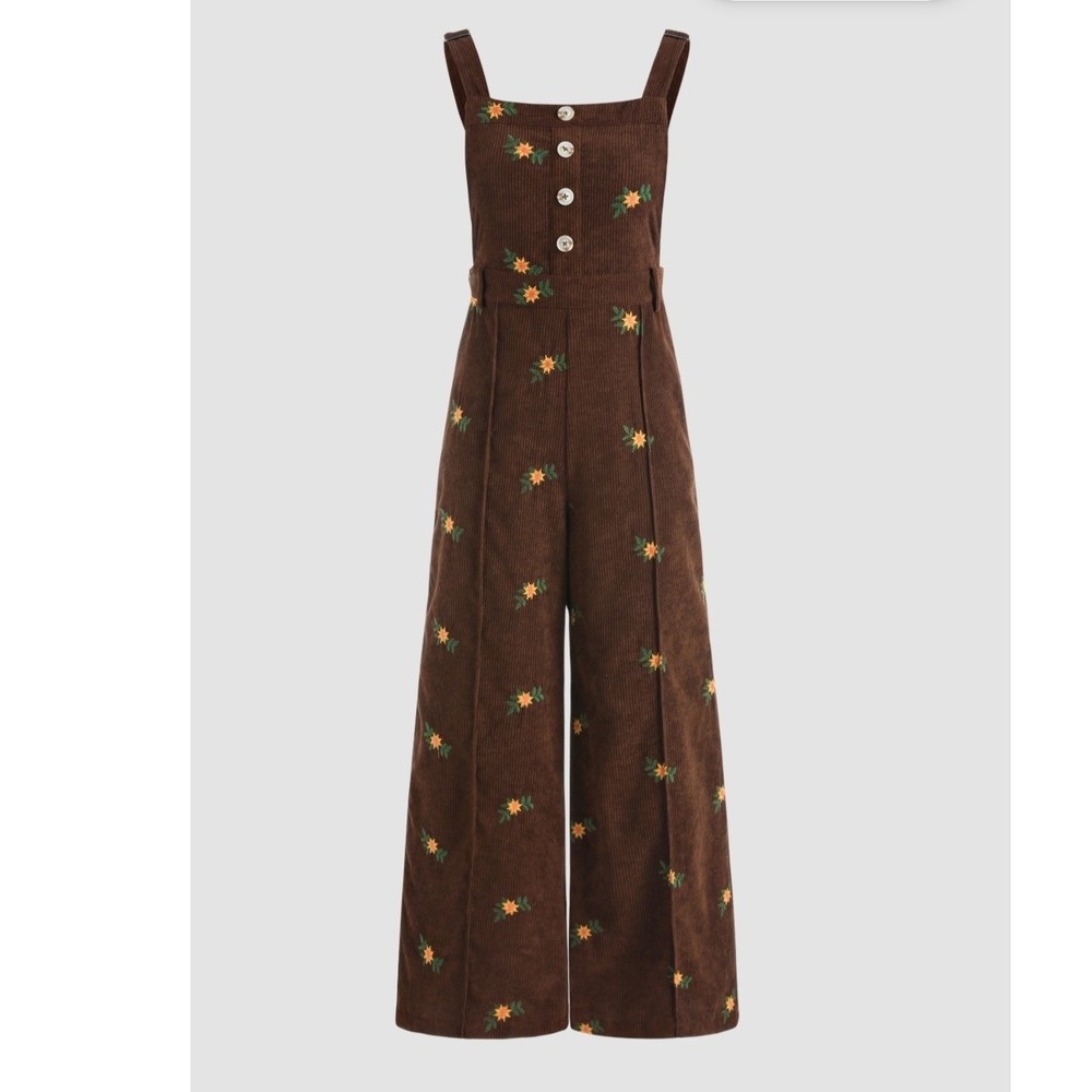 Cider Brown Corduroy Floral Embroidered Wide Leg Overalls Jumpsuit Womens Medium